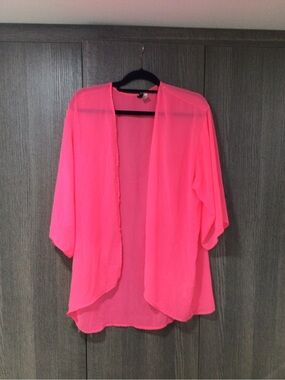 Divided Neon Pink Sheer Open-Front Swim Coverup